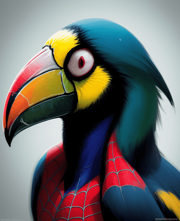 AI generated: Freeze the vibrant and exotic face of a toucan Spiderman, focusing on the colorful beak and the curi...