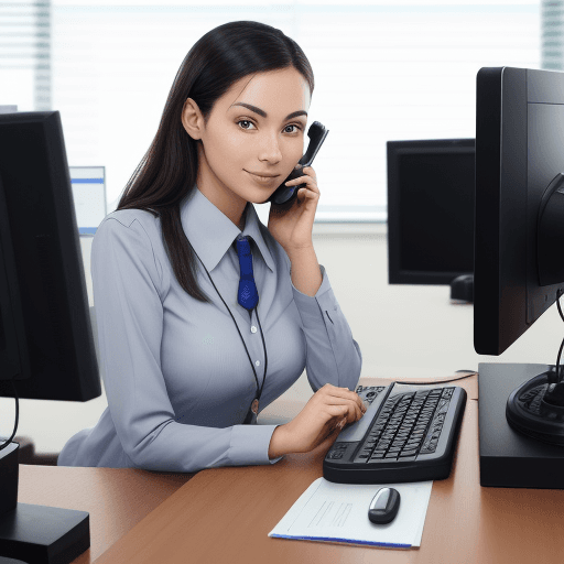 AI generated: Older adim-clerk at service desk handling phone, computer and interview in parallel 
