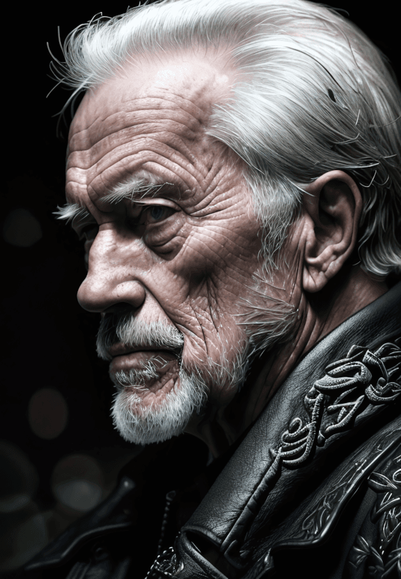 AI generated: a highly detailed portrait of an elderly man in profile, wearing a dark leather coat. The collar and...