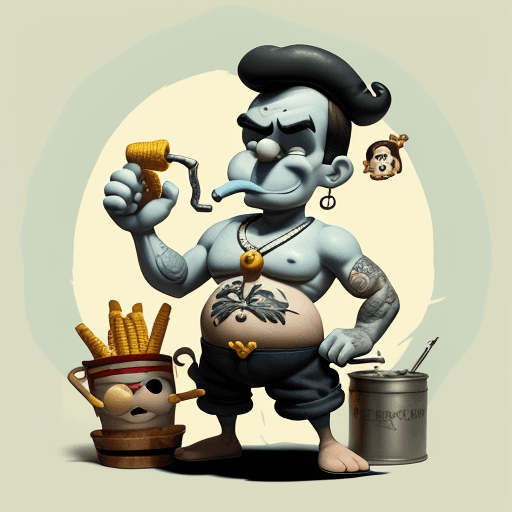 AI generated:  Popeye the sailor squinting one eye shut, anchor tattoo, smokes corn-cobFull body view, grumpy  pip...