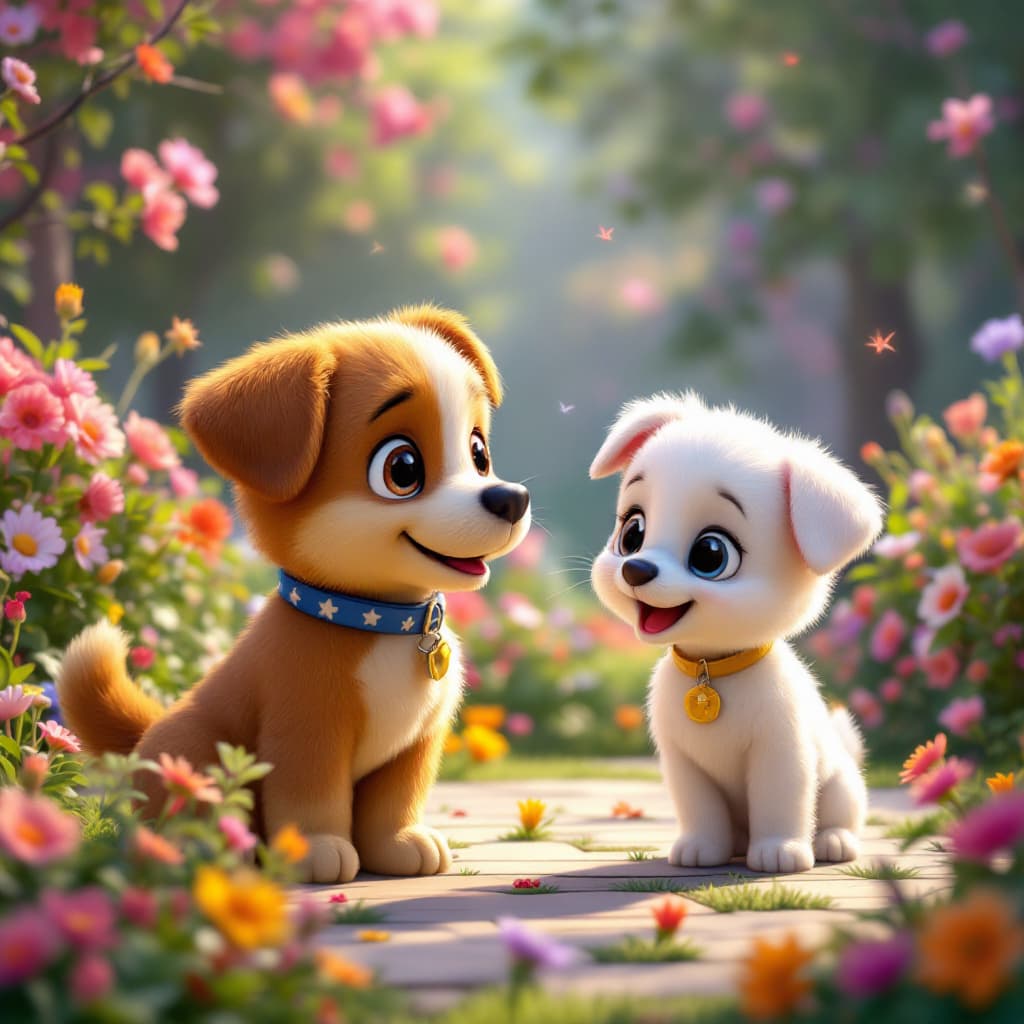 AI generated: In pixar 3d theme. Very cute nice  Puppys try to Catch the propellers near flowers garden