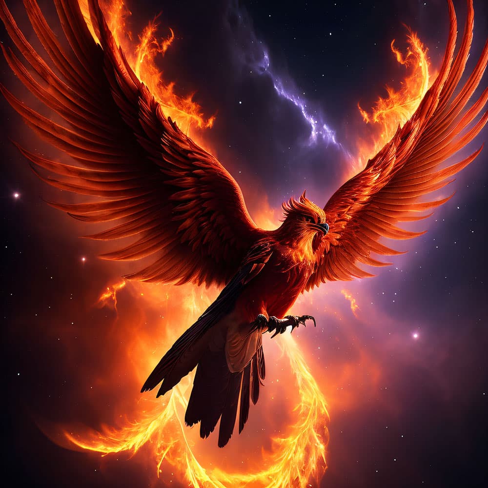 AI generated: Mdjrny-v4 style, a photorealistic  close up portrait of a phoenix, surrounded by angels in hell, bea...
