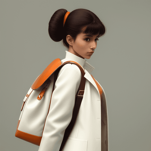 AI generated: a woman wearing a white coat with a brown backpack, in the style of exquisite detailing, sabattier e...