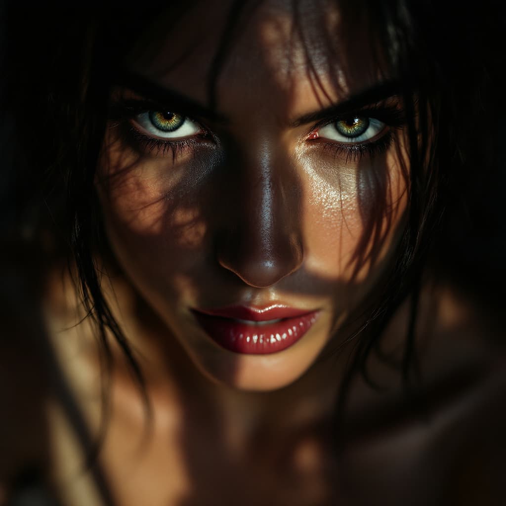 AI generated: Fierce woman with intense eyes, 3/4 turn view, dramatic lighting from below casting sharp shadows on...