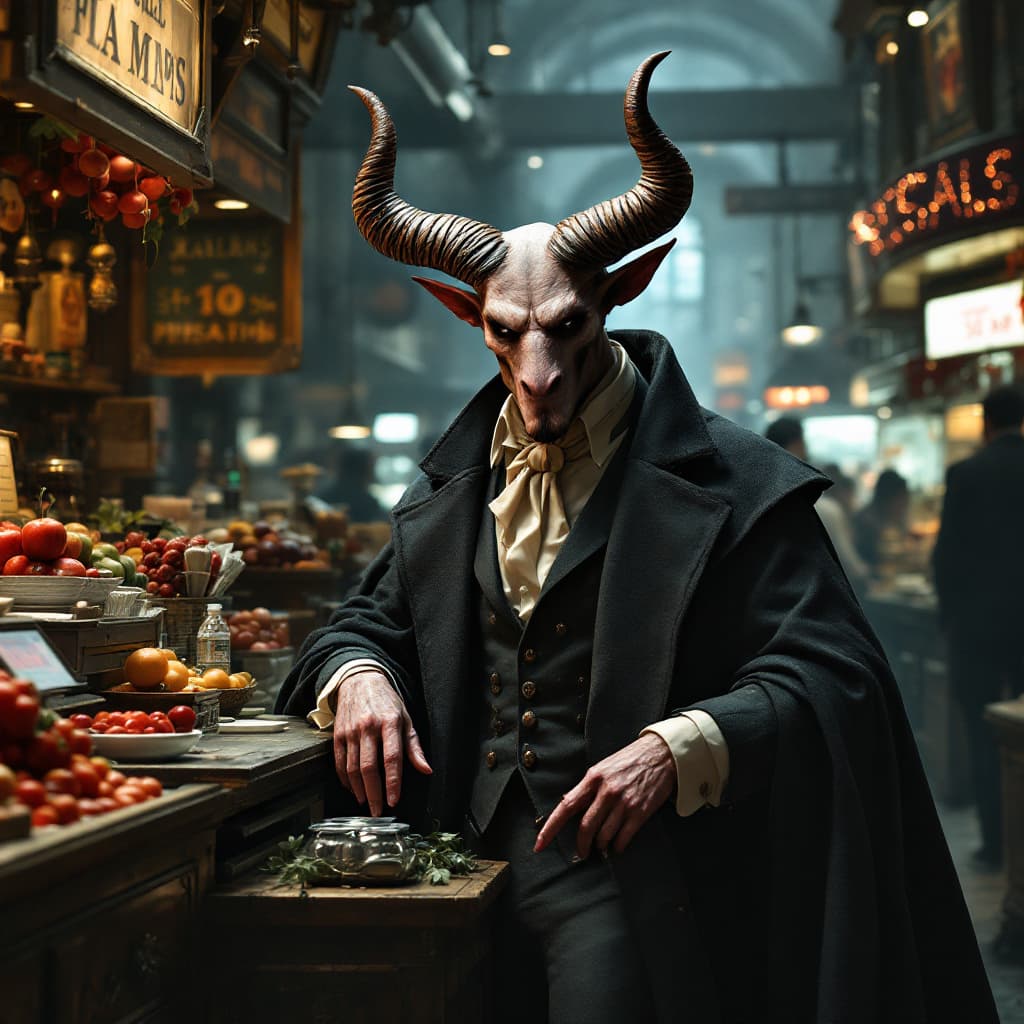 AI generated: posimas sales stand,attended by the devil,small horns,elegant european clothing,cash register,no peo...