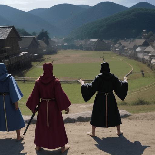AI generated: jojo's brizzare adventure colored Manga pannel of 3 teenage black boys with robes modest and powers ...