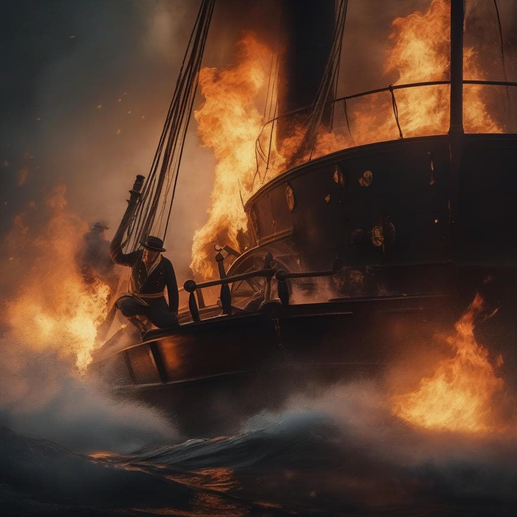AI generated: burning Helmsman of a 19th century steamer is holding the rudder steering wheel firmly, while a fire...