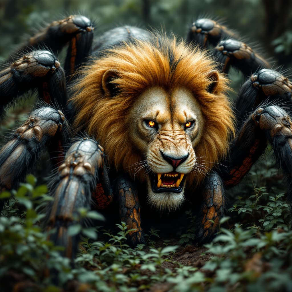 AI generated: A terrifying yet majestic creature, a giant tarantula with a massive lion’s face. The creature’s bod...