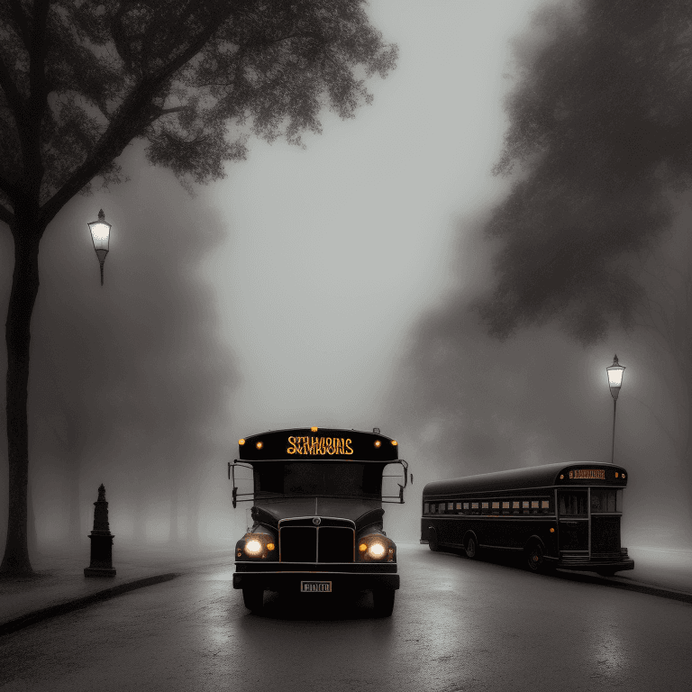AI generated: mid shot view of a beautiful black school bus, Victorian Street, Dark Fairytale Aesthetic, intricate...