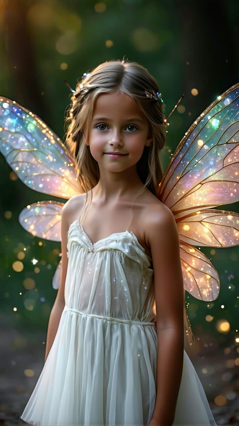 AI generated: A professional photo of a realistic of a ten year old Fairy (full Body) with shimmering dragonfly wi...