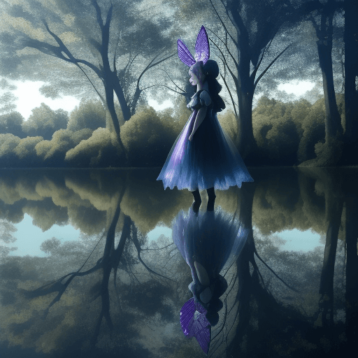 AI generated: trees behind prone girl looks like fairy wings because of reflection in a lake, muted jewel tones