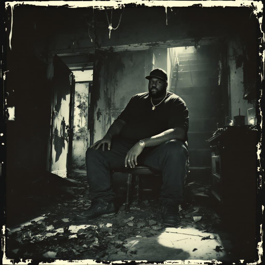 AI generated: grainy 80's photograph quality polaroid of dave blunt the big fat black rapper caught in an abandone...