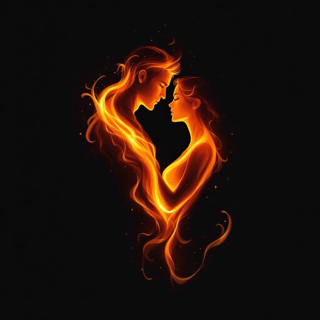 AI generated: The image depicts a striking digital illustration of two figures, a man and a woman, intertwined in ...