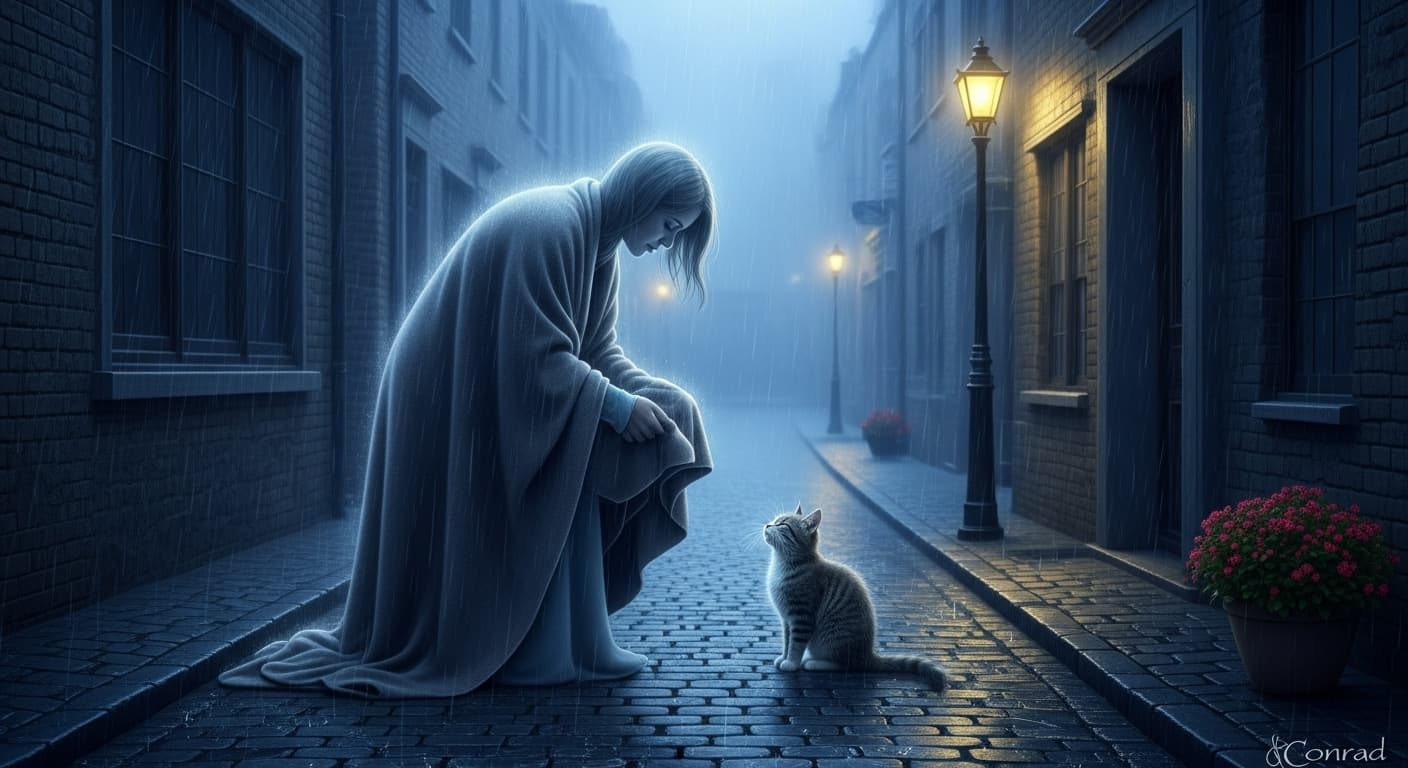 AI generated: A spectral figure gently offering a warm blanket to a shivering stray cat on a dimly lit, cobbleston...