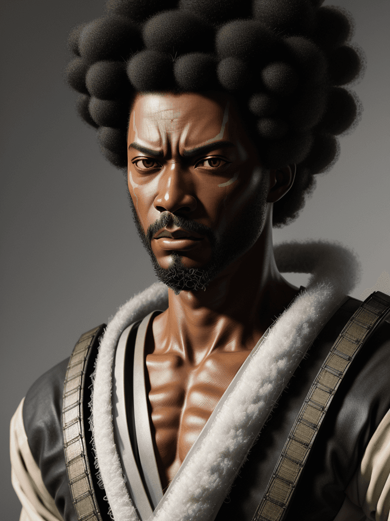 AI generated:  close-up portrait afro samurai, military accessories, bright colors, smooth illumination, very deta...