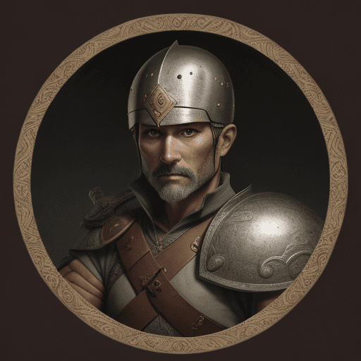 AI generated: Portrait of a mid-age warrior with a sword and a round shield in the style of The Dark Eye