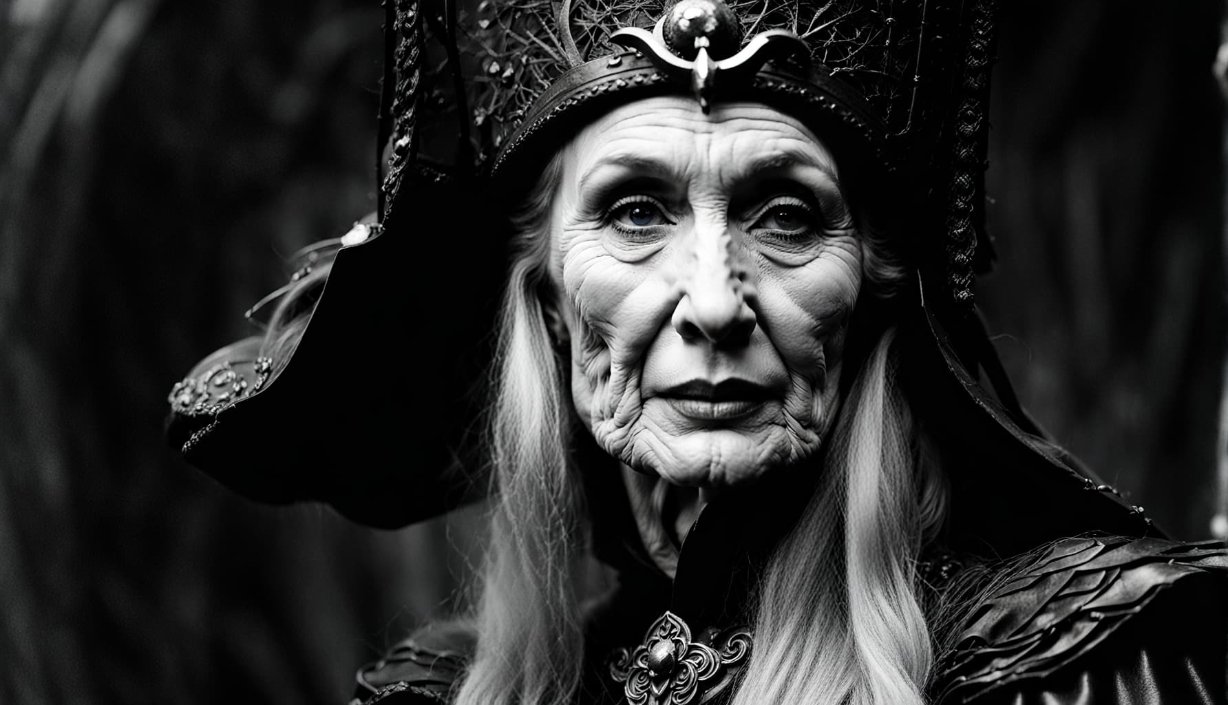 AI generated: RAW portrait photograph of Siân Phillips as an elderly femme Witch-slayer