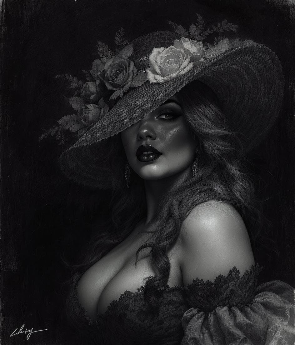 AI generated: Detailed dramatic black and white charcoal drawing of a mysterious person in an ornate, wide-brimmed...