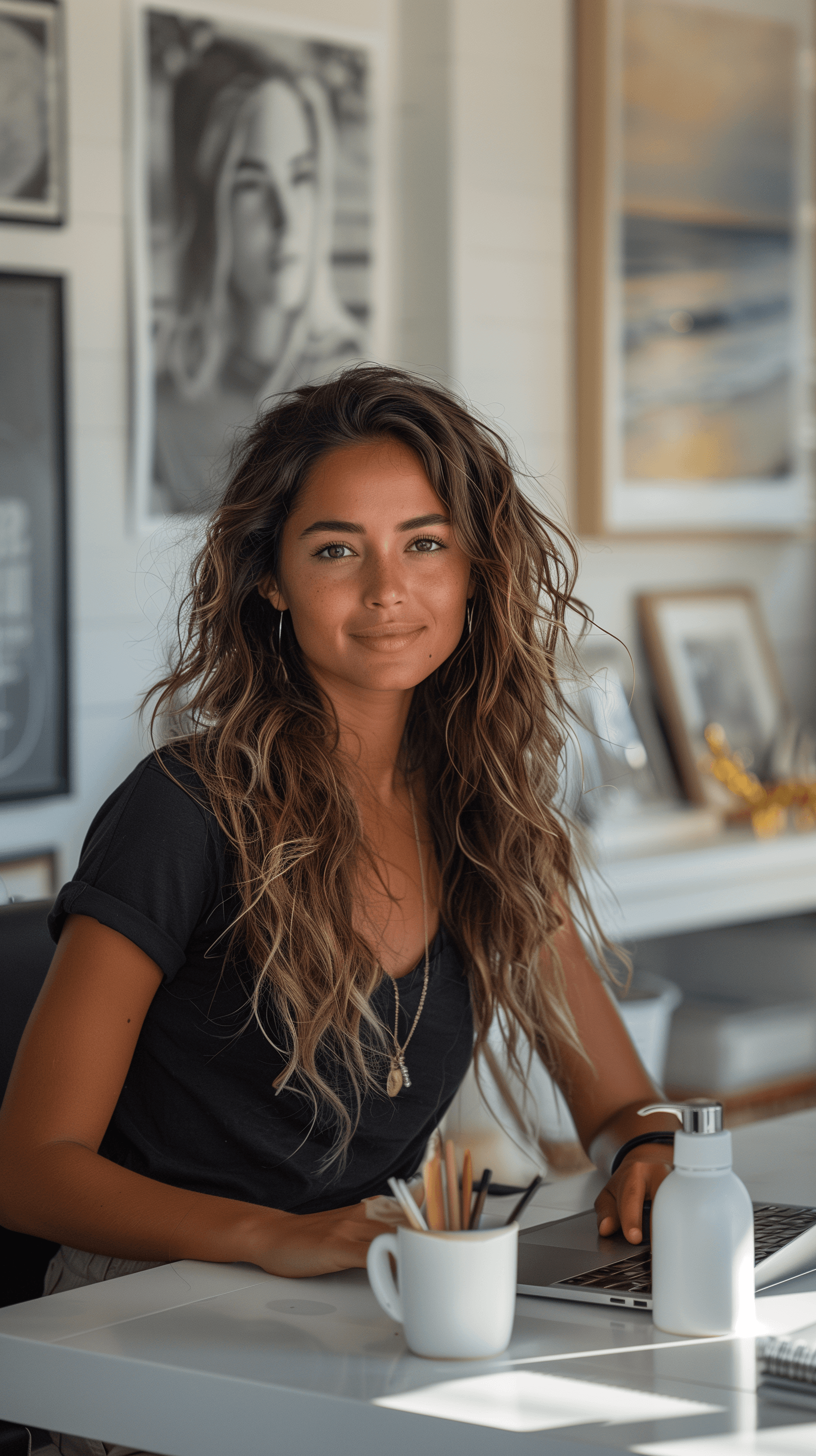 AI generated: modern, minimalist workspace, focused designer woman at a white desk, surrounded by objects of produ...