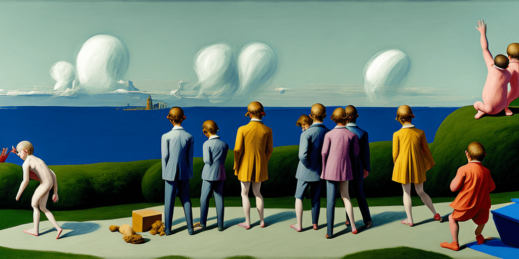 AI generated: neo rauch, edward hopper, david hockney, children playing on rooftop, people looking to horizon, wid...