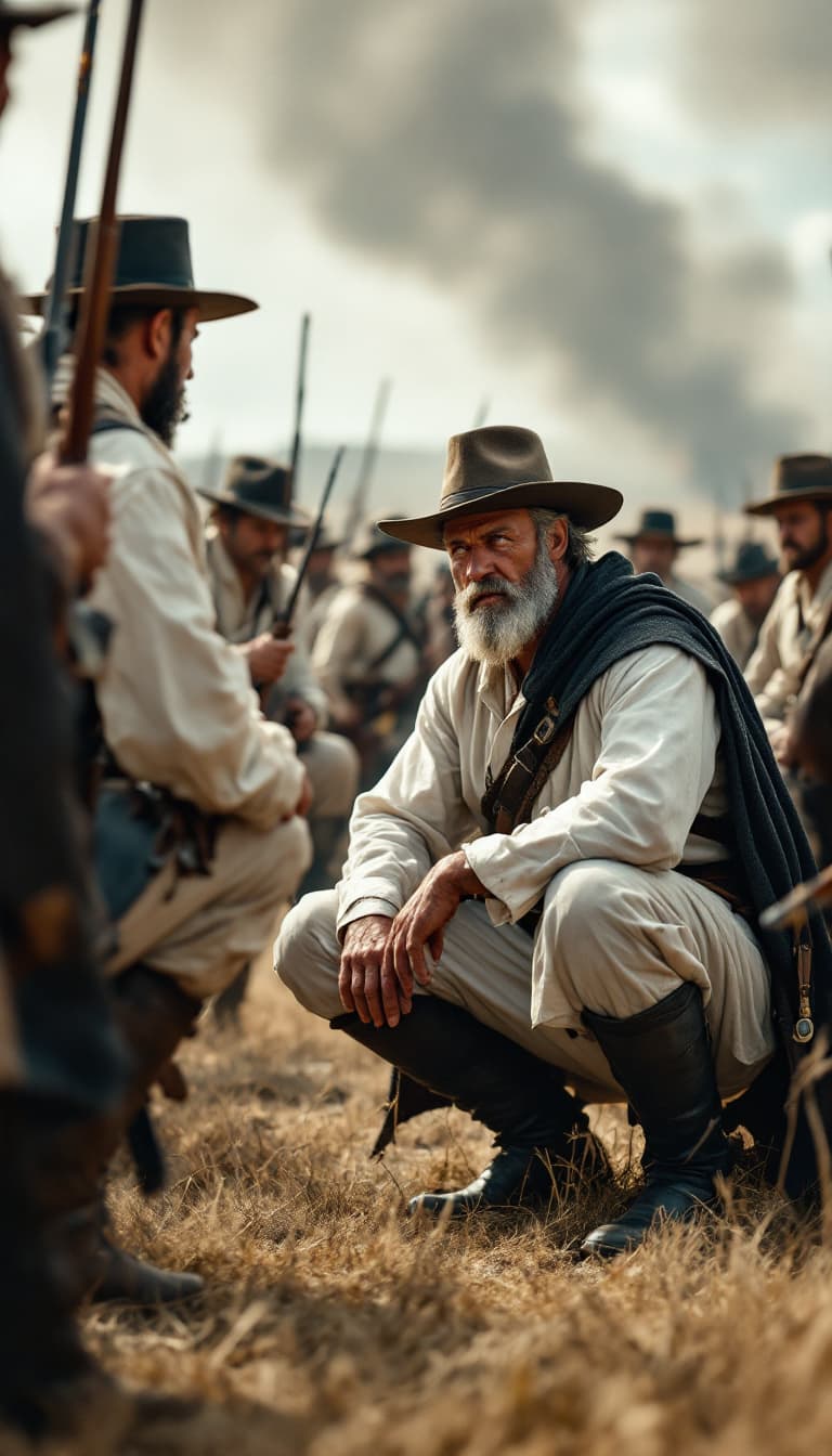 AI generated: a group of weary but determined llanero soldiers,  epic battle in 1817, dressed wearing a long-sleev...