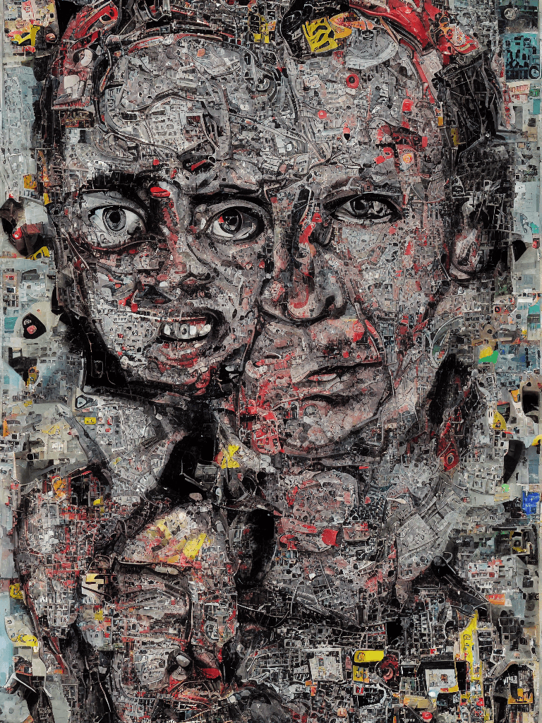 AI generated: Ultra detailed medium portrait painting, computer monitor head with human body, torn up punk poster,...