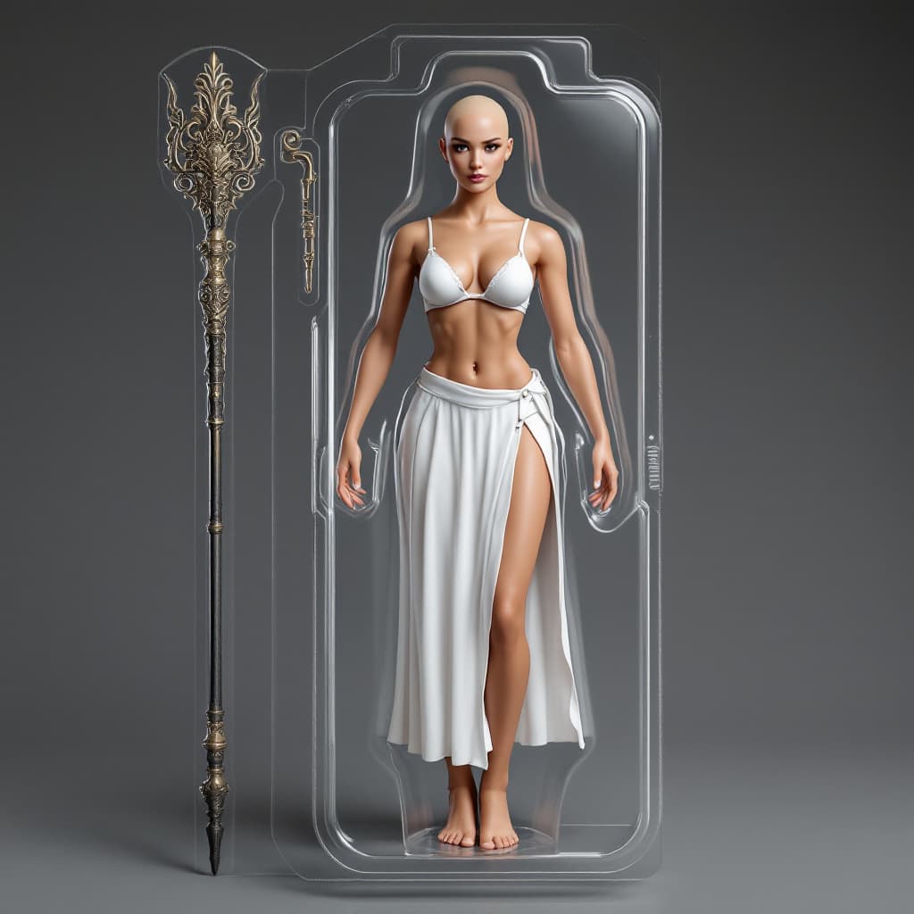 AI generated: Full body view of A photo-realistic action figure packaged in a blister card, The figure stands behi...