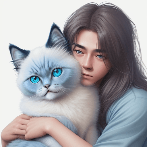 AI generated: https://ibb.co/bJg55bF https://ibb.co/YXHsy6S Realistic, human and cat, himalayan cat, blue cat eyes...