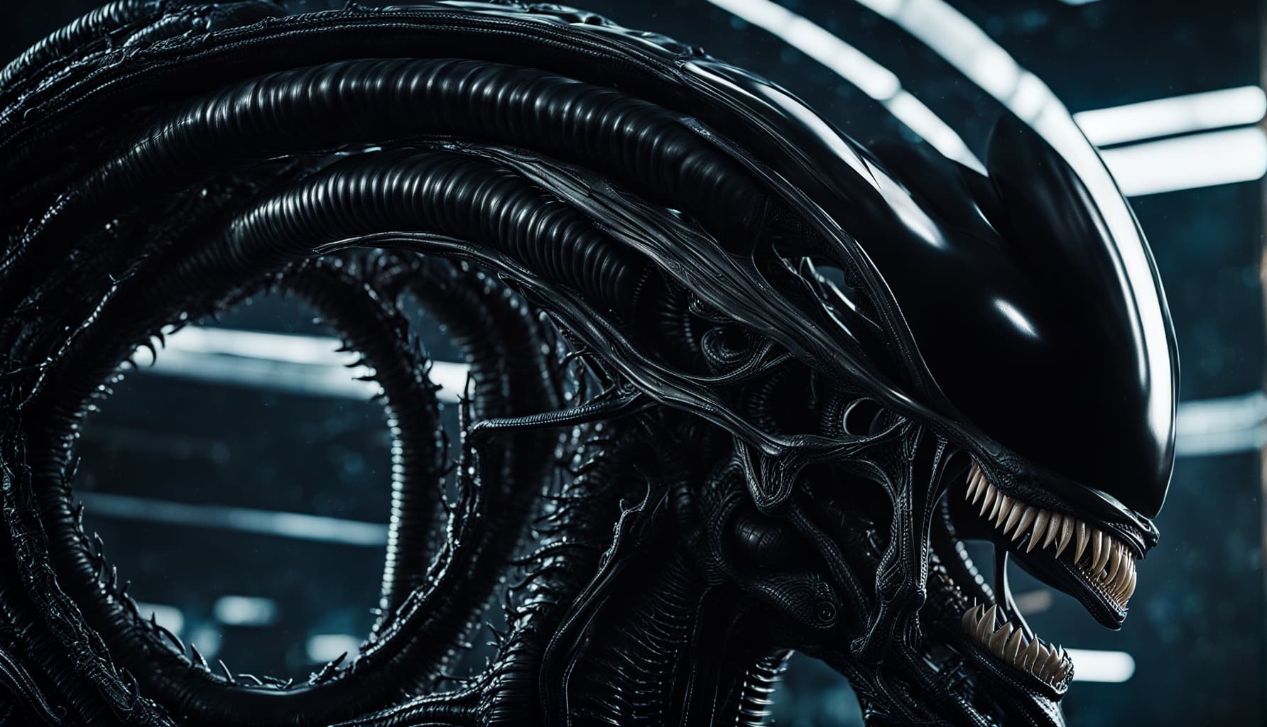 AI generated: Cinematic portrait photo, close up, cinematic alien xenomorph (iconic streamlined shape) , in NOSTRO...