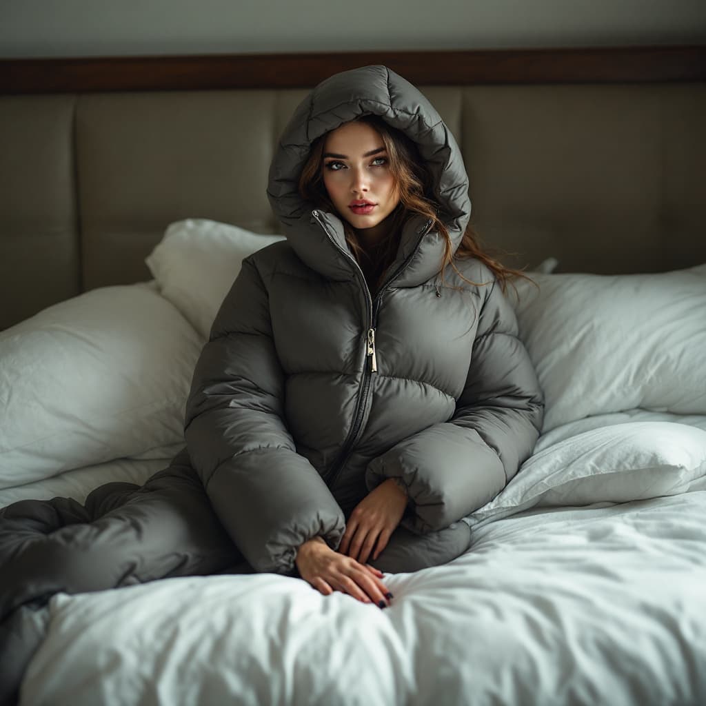 AI generated: women, down suit, bed



