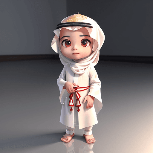 AI generated: Saudi child, wearing a white thobe and traditional red shemagh, full body, isometric, 3D, cute, litt...