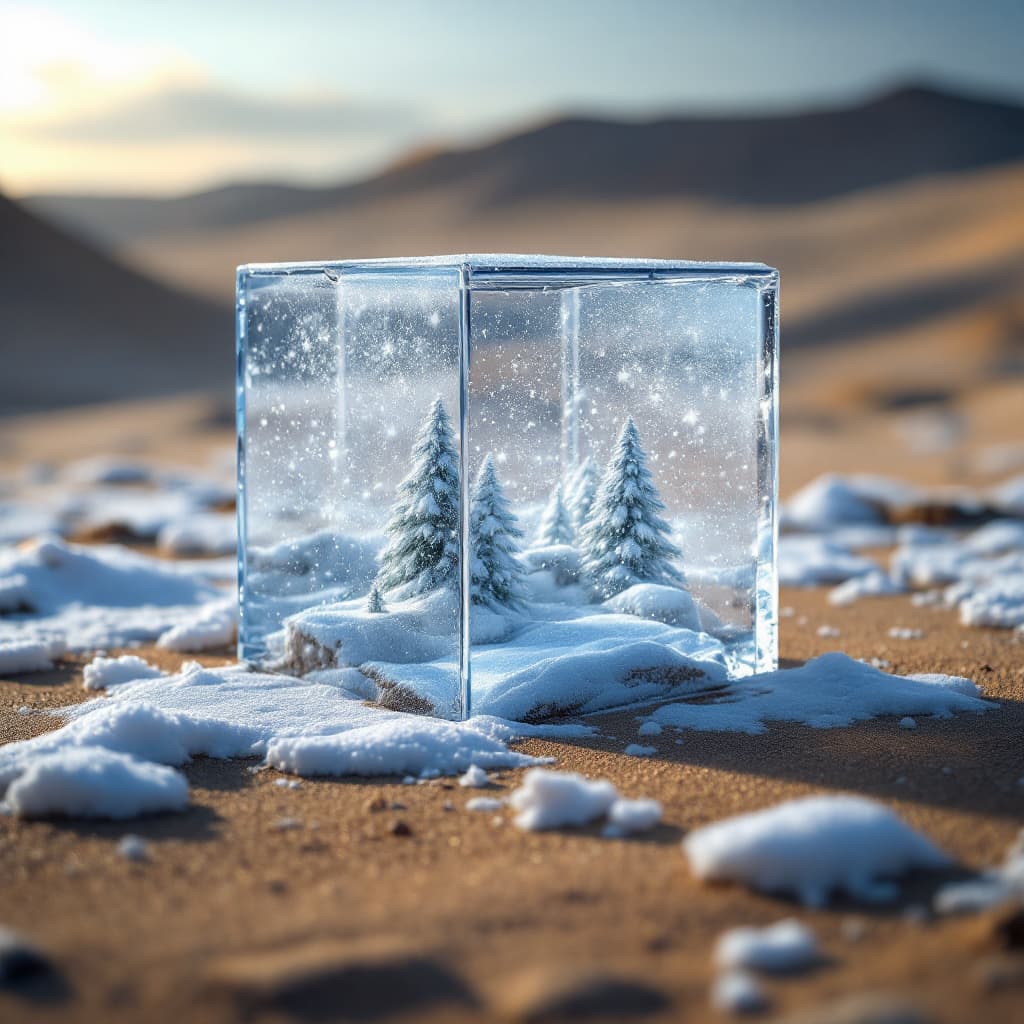AI generated: snow globe shaped like a cube , on the desert floor, there is a blizzard inside