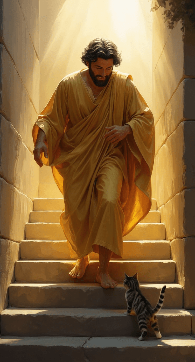 AI generated: The man is gently descending the stone steps, his golden robe flowing slightly with his movement. Hi...