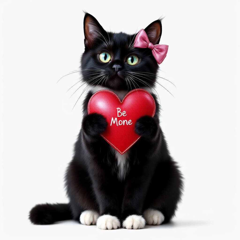 AI generated: adorable blinged out glamours black Cat sitting posed wearing a pink bow by her ear with a bright me...