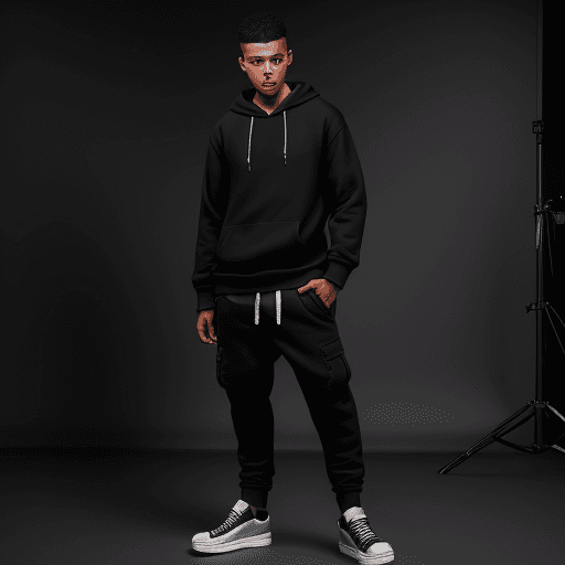 AI generated: capturing a model, man wearing basic hoodie, matte black, dark grey cargo jogger pant, skate shoes, ...