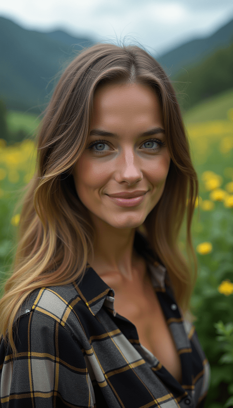 AI generated: photograph of a woman, staring at a the viewer, slight smile, long dark-blonde hair, light-blue eyes...