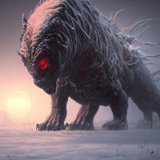 AI generated: Starvation black monster wolves with red eyes, fight in the ice age Scenery, : concept art::1 cyberp...