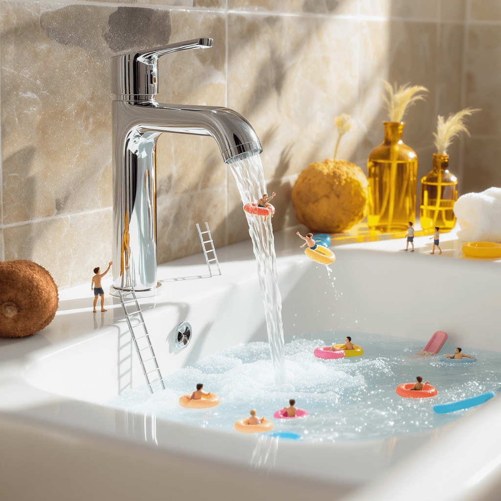 AI generated: A dreamy, detailed modern bathroom scene. A chrome faucet pours a smooth waterfall into a white sink...