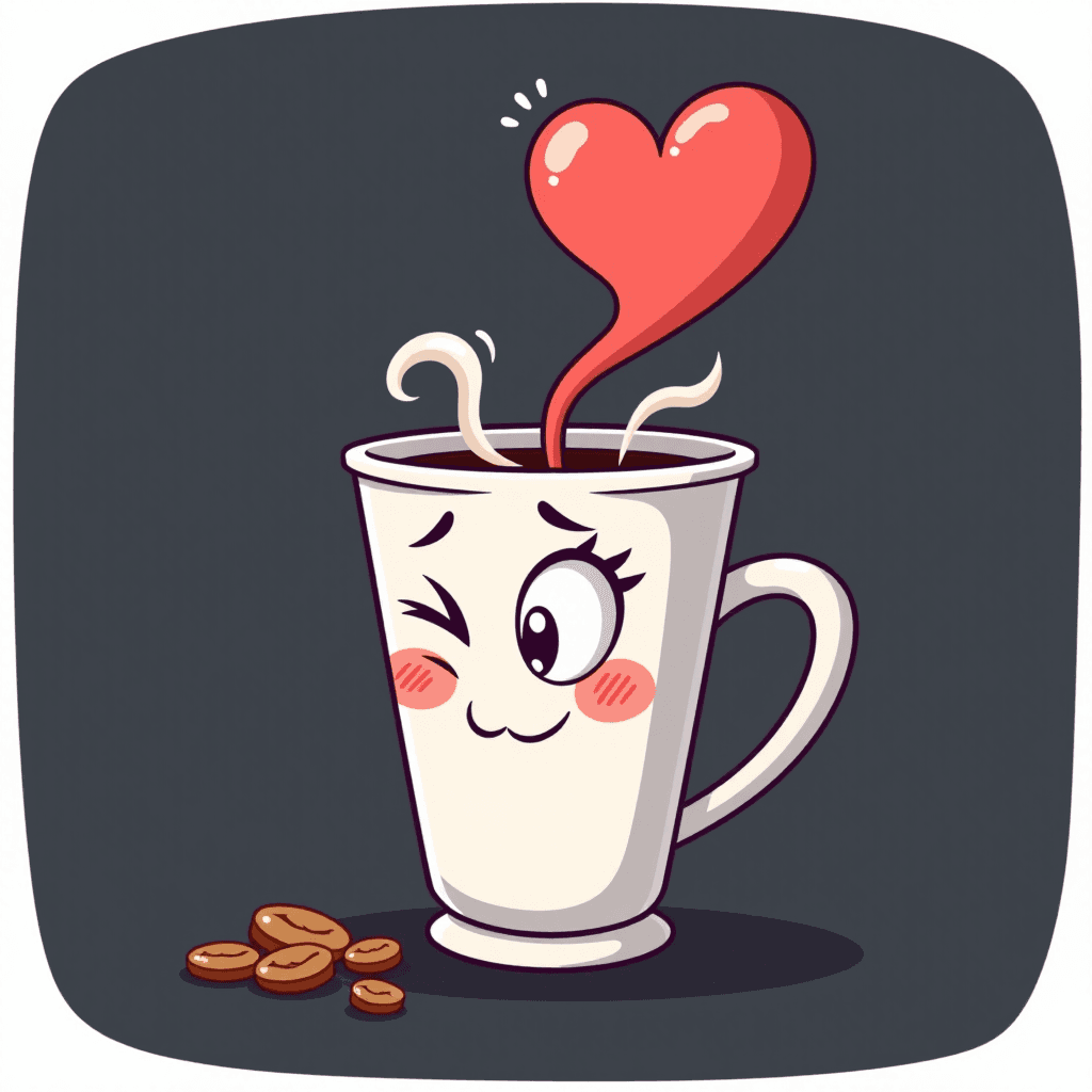 AI generated: Bright, quirky cartoon: A steaming coffee cup with a winking eye, its steam morphing into a floating...