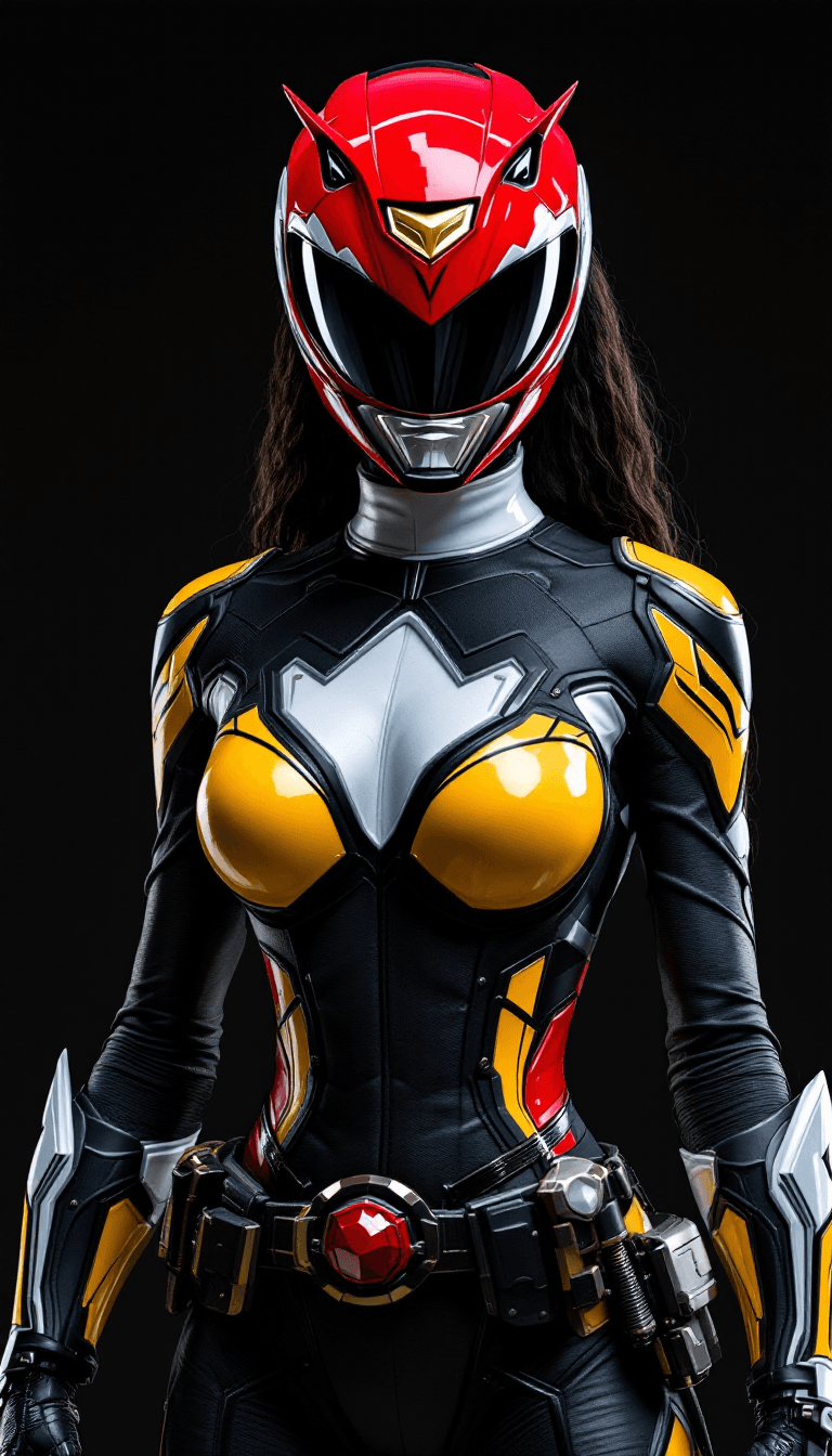 AI generated: Photo of a ultra realistic female African power ranger posed symmetrically ready for battle, in afri...