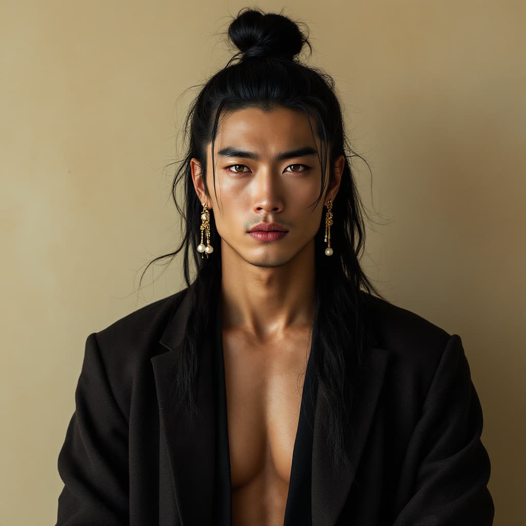 AI generated: Front-facing portrait of a striking East Asian man with clear skin and intense amber eyes. His long ...
