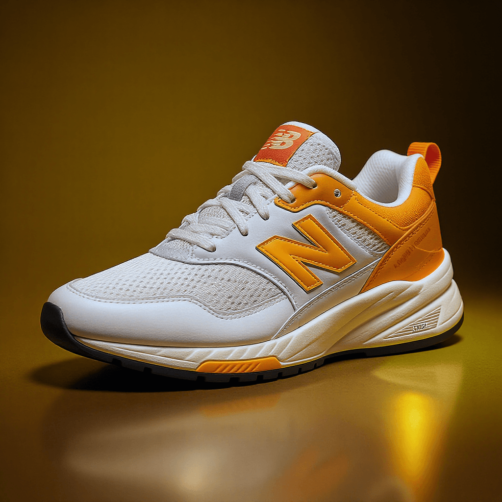 AI generated: photograph, productive, New Balance 327, white and orange, yellow, reflection, más impresionante y d...
