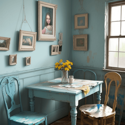 AI generated: A painting of an old, shabby room with pastel blue walls and a yellow door frame with a cat lying on...