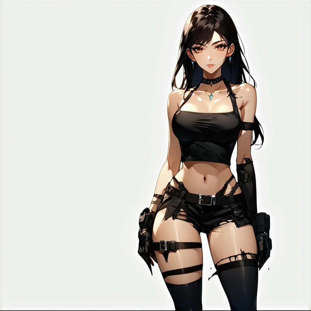 AI generated: Full body image of a beautiful anime woman with perfect body shape in black sleeveless crop top, det...