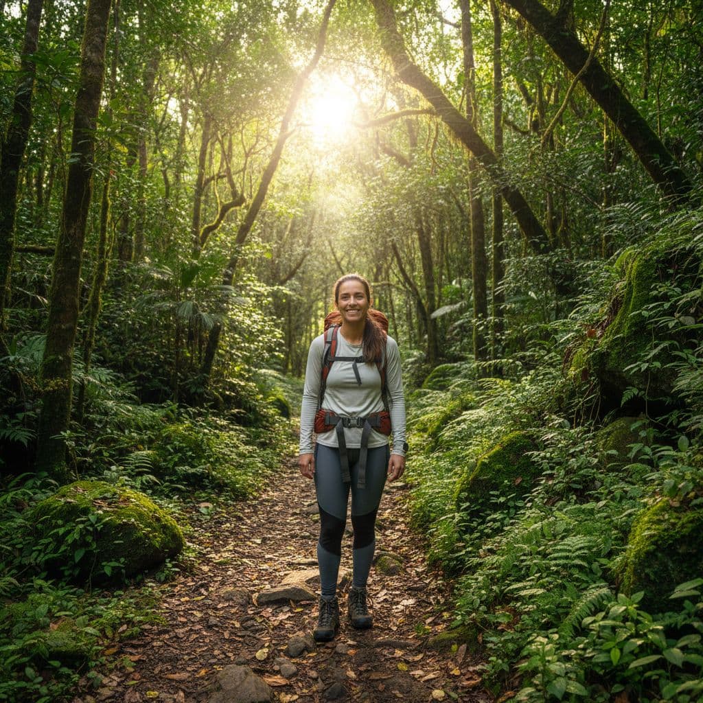AI generated: Hyper realistic photo, Brazilian woman hiker, centered on forest path, sunbeams through trees, brigh...