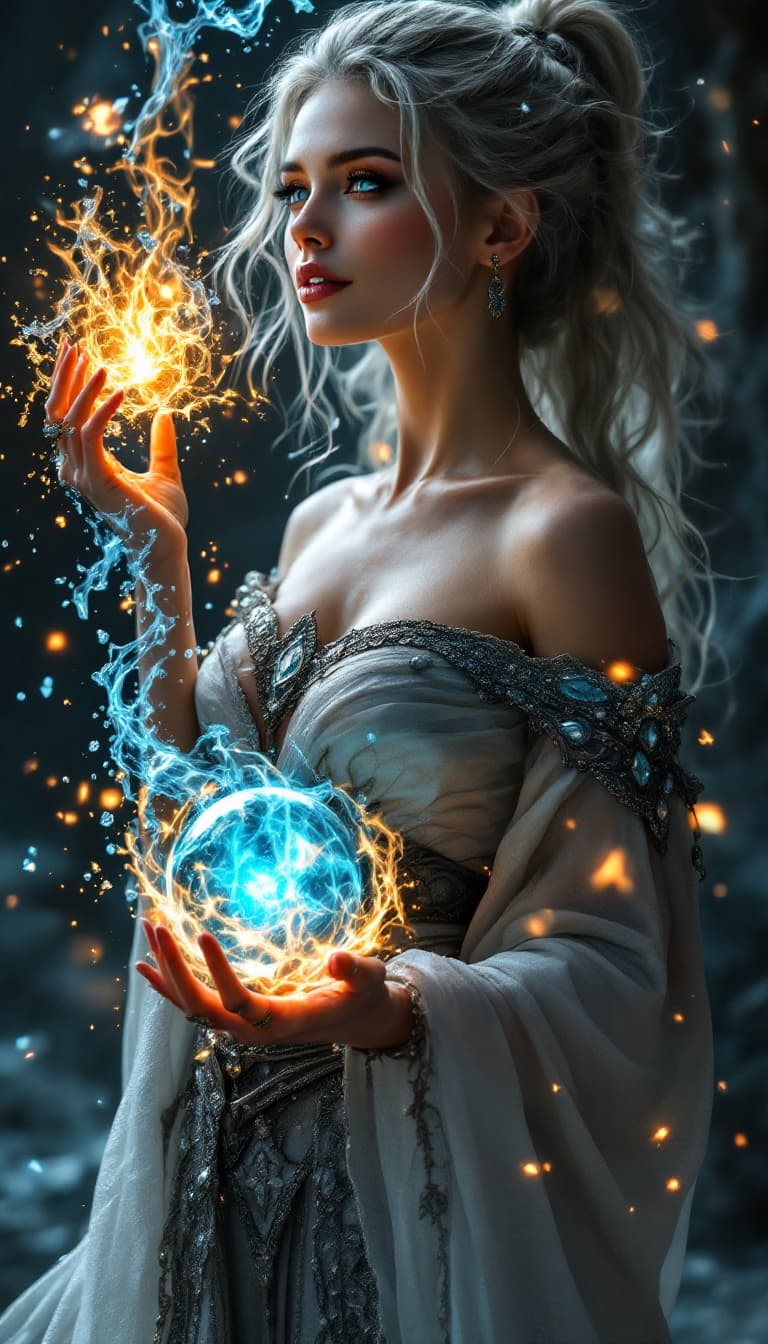 AI generated: A stunning slim female wizard stands poised in a magical dark fantasy realm, casting a mesmerizing s...