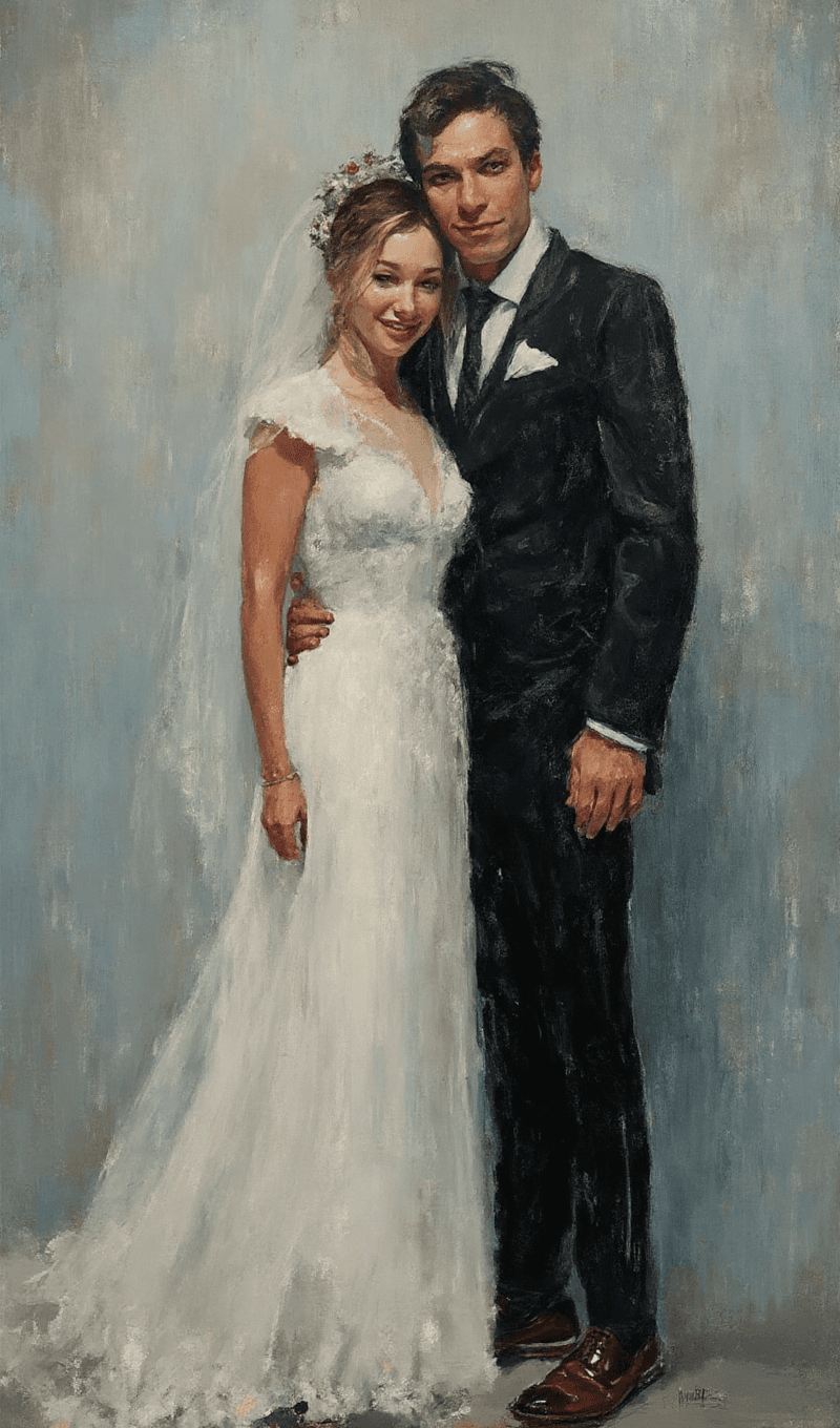 AI generated: Oil painting on canvas of a couple standing next to each other at their wedding. Both are wearing fo...