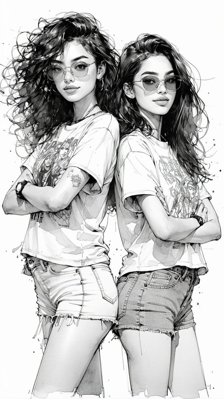 AI generated: Black and white ink sketch of two young women, one of East Asian descent and the other of African de...