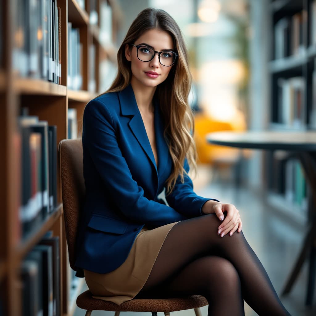 AI generated: female,   full body shot of a beautiful Caucasian professor, in a blue jacket and khaki miniskirt, b...