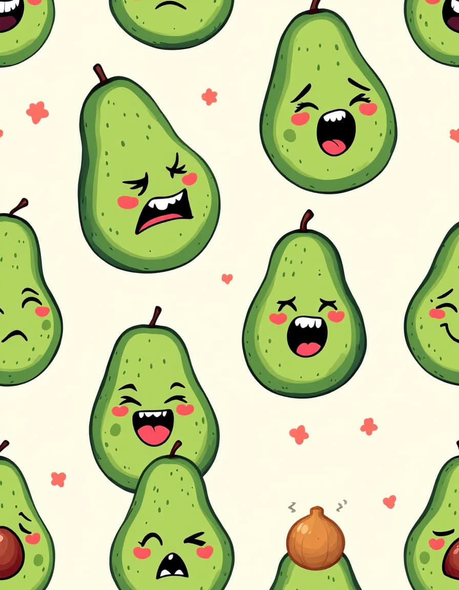 AI generated: "Seamless pattern of cute illustrated avocados with exaggerated funny faces, each expressing a diffe...